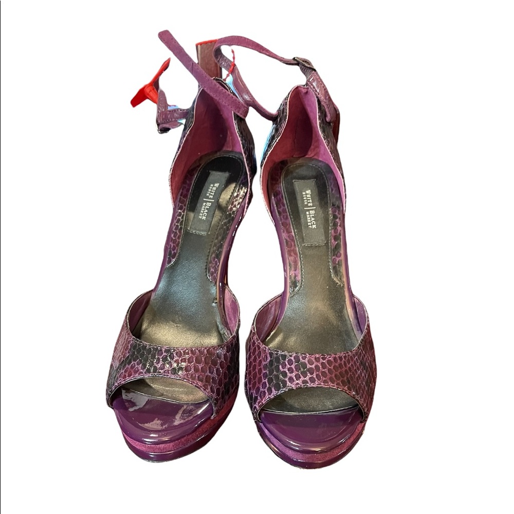 White House Black Market strappy peep toe purple pumps.